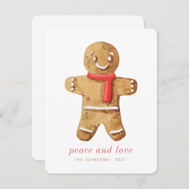 Modern Cute Watercolor Gingerbread Man Holiday Card (Front/Back)