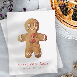 Modern Cute Watercolor Gingerbread Man Holiday Card
