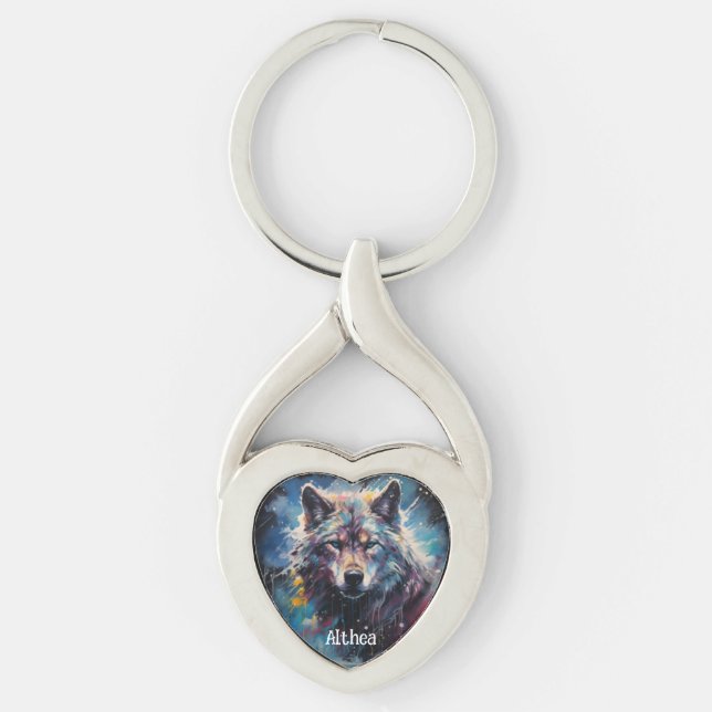 Modern Cute Watercolor Wolf  Key Ring (Front)