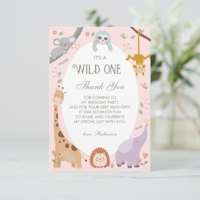 Modern Cute Wild One Safari Animals 1st Birthday Thank You Card (Standing Front)