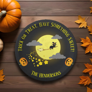 Modern Cute Witch Black Cat Halloween Kids Party Paper Plate