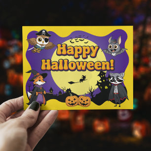 Modern Cute Woodland Animals Happy Halloween Kids Postcard