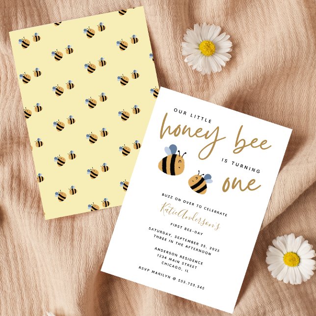 Modern Cute Yellow Bumblebee First Birthday Invitation (Creator Uploaded)
