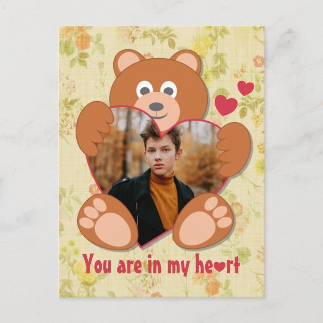Modern Cute Yellow Teddy Bear Heart Photo Frame  Postcard (Front)