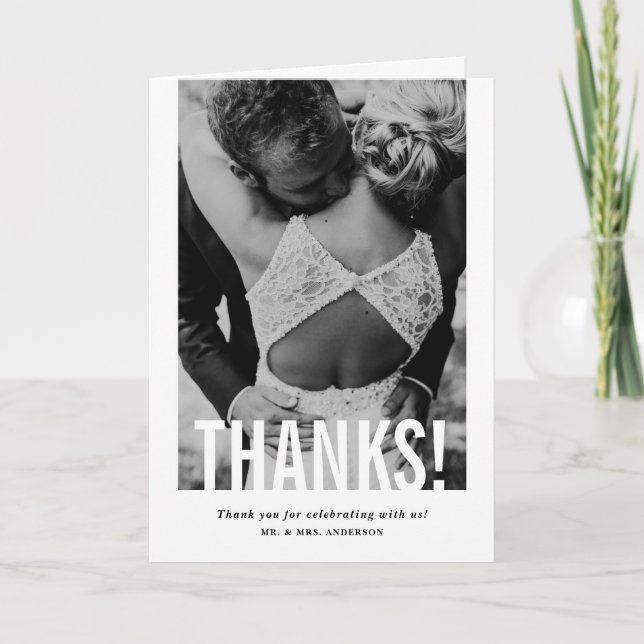 Modern Cutout Overlay Vertical Photo Wedding Thank You Card (Front)
