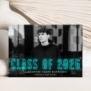 Modern Cyan Neon Class of 2021 Photo Graduation Announcement