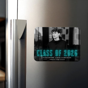 Modern Cyan Neon Class of 2026 Photo Graduation Magnet