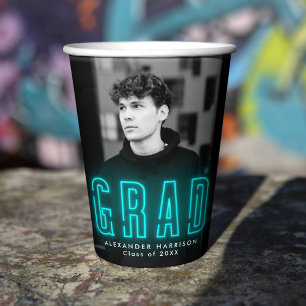 Modern Cyan Neon Graduation Paper Cups