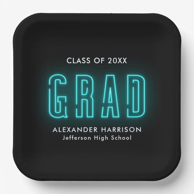 Modern Cyan Neon Graduation Paper Plate (Front)
