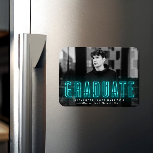 Modern Cyan Neon Photo Graduation Magnet (Creator Uploaded)