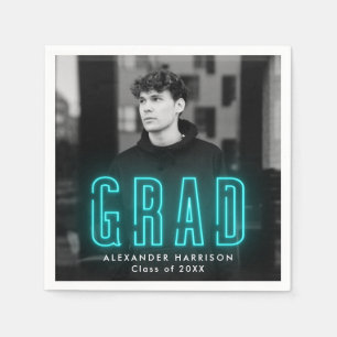 Modern Cyan Neon Photo Graduation Napkin