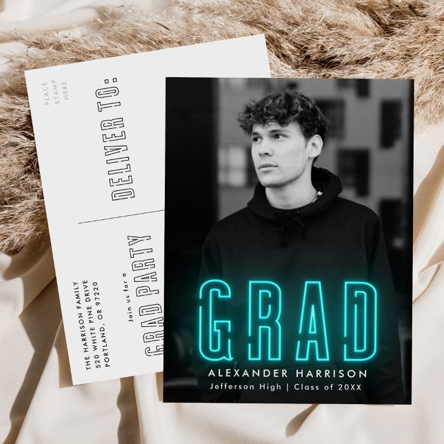 Modern Cyan Neon Photo Graduation Party Invitation Postcard (Creator Uploaded)