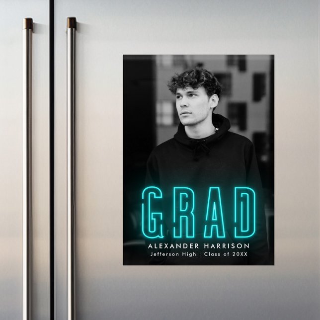 Modern Cyan Neon Vertical Photo Graduation Magnetic Invitation (Creator Uploaded)