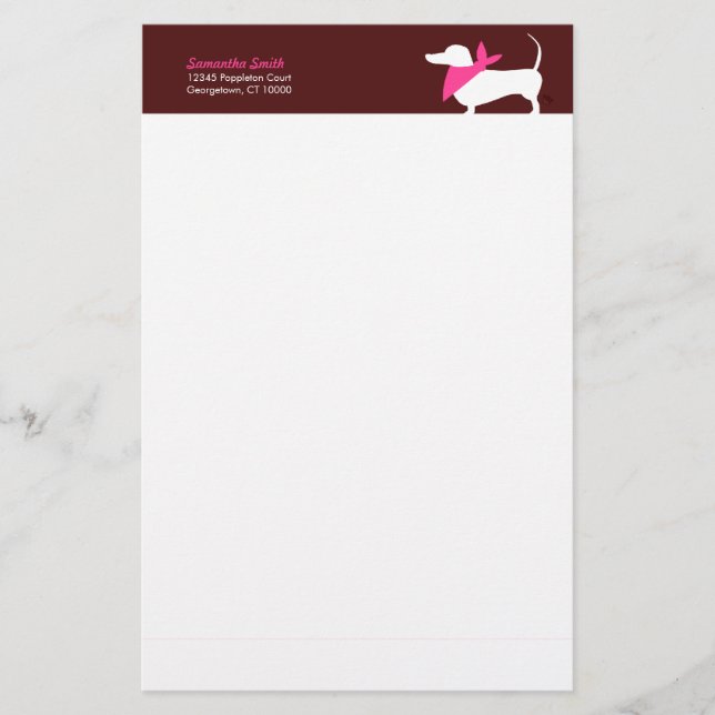 Modern Dachshund in Pink Scarf on Chocolate Stationery (Front)