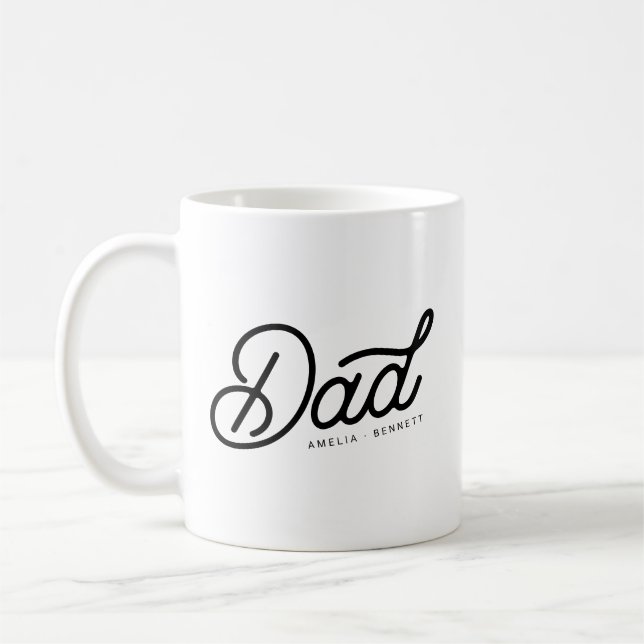 Modern Dad Cool Script with Kids Names   Coffee Mug (Left)