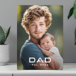 Modern dad est year father's day new baby photo plaque<br><div class="desc">Photo plaque featuring your photo and the text "Dad" in a modern font with the est year below as a white overlay.</div>