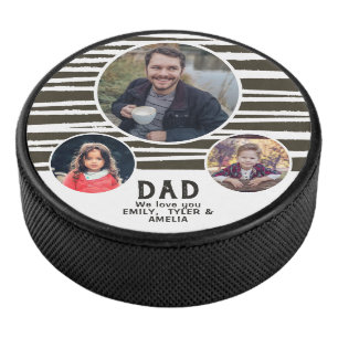 Modern Dad love you Stripes 3 Photos Father`s Day Hockey Puck