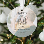 Modern 'DADDY' 2 Photo Names & Quote Christmas Ornament<br><div class="desc">Let dad know how much he means to you with this beautifully designed 2 photo Christmas ornament. Featuring 2 of your favourite pictures, a white overlay, the text 'Daddy you are the Best', name/s and a sweet quote. All text is easily customised using the template provided. Keep the original text...</div>