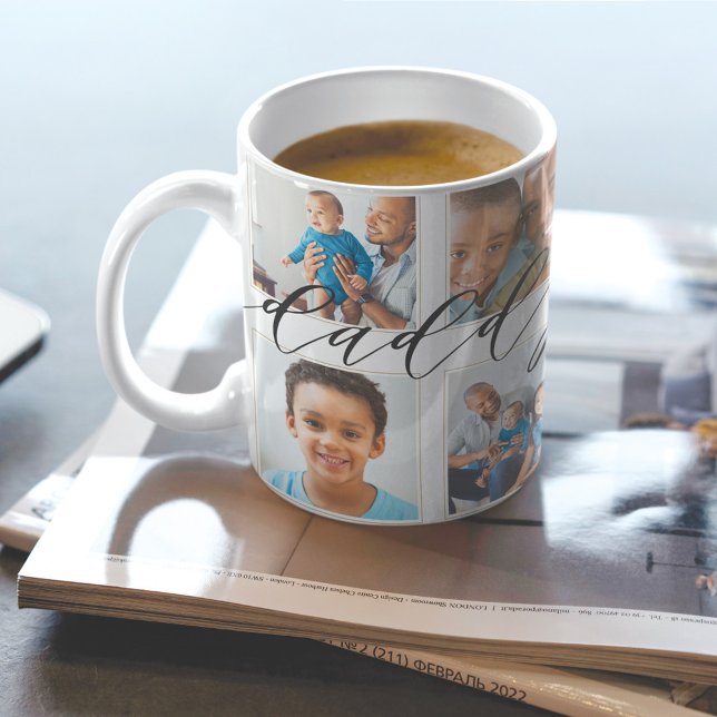 Modern Daddy Script Gift For fathers Photo Collage Coffee Mug (Creator Uploaded)