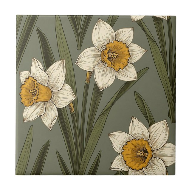Modern Daffodil Botanical Pattern (2) Ceramic Tile (Front)