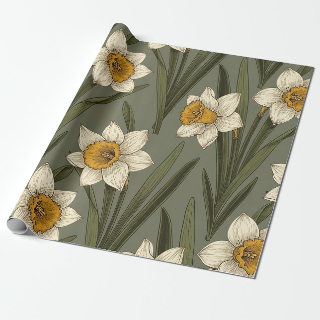 Modern Daffodil Botanical Pattern (2) Wrapping Paper (Unrolled)