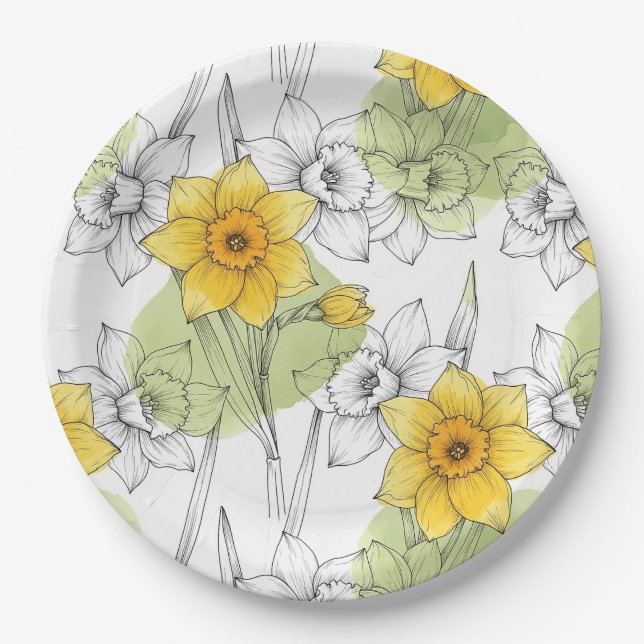 Modern Daffodil Botanical Pattern Paper Plate (Front)