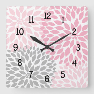 Modern Dahlia flowers pink and grey grey Square Wall Clock