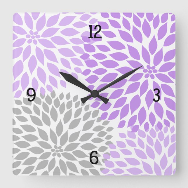 Modern Dahlia flowers purple lavender grey #2 Square Wall Clock (Front)