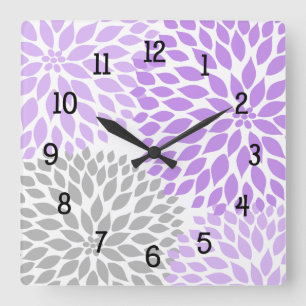 Modern Dahlia flowers purple lavender grey grey Square Wall Clock