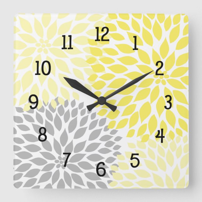 Modern Dahlia flowers yellow and grey grey Square Wall Clock (Front)
