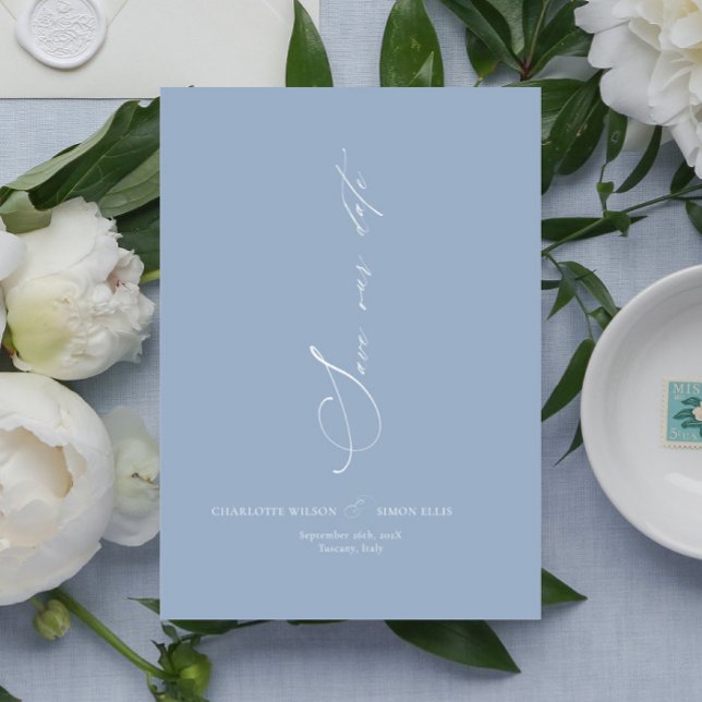 Modern Dainty Calligraphy Dusty Blue Wedding Save The Date (elegant script dusty blue wedding invitation card, dainty blue wedding save date card, timeless )