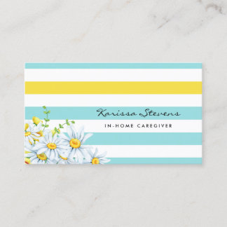 Modern Daisies Aqua and Yellow Stripes Caregiver Business Card