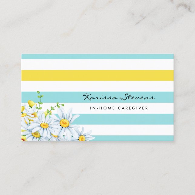 Modern Daisies Aqua and Yellow Stripes Caregiver Business Card (Front)