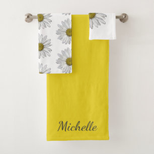 Modern Daisies Botanical White Yellow Bath Towel Set