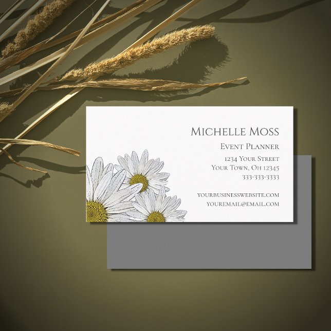 Modern Daisies Floral Trendy Grey White Business Card (Creator Uploaded)