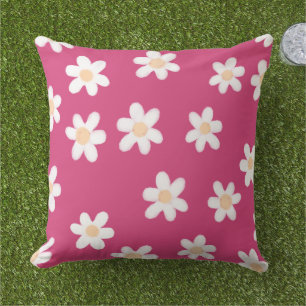 Modern Daisies on Pink Outdoor Cushion