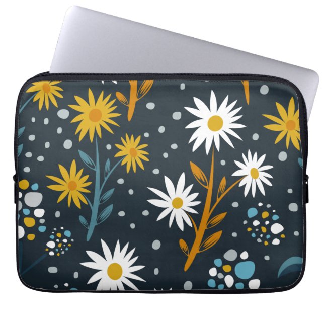 Modern Daisies Pattern on Dark Blue Laptop Sleeve (Front)