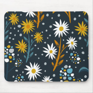 Modern Daisies Pattern on Dark Blue Mouse Pad