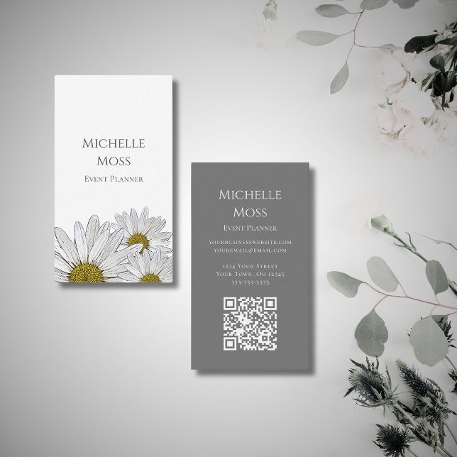 Modern Daisies QR code Trendy Botanical  Business Card (Creator Uploaded)