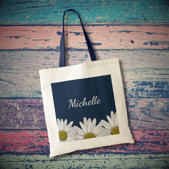 Modern Daisies Rustic Floral Navy Blue Tote Bag (Creator Uploaded)