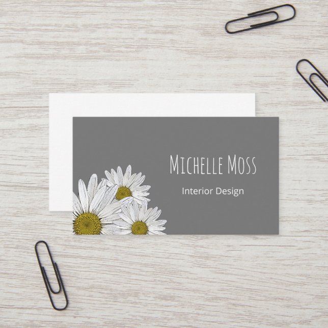 Modern Daisies Trendy Botanical Grey Business Card (Front/Back In Situ)