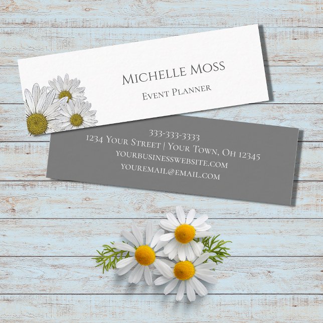 Modern Daisies Trendy Floral Grey White Mini Business Card (Creator Uploaded)
