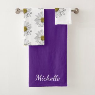 Modern Daisies Trendy Purple Botanical Bath Towel Set