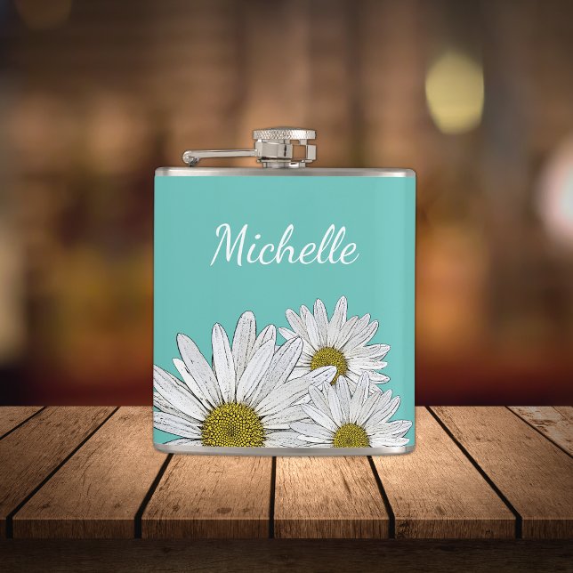Modern Daisies Trendy Teal Green Botanical  Hip Flask (Creator Uploaded)