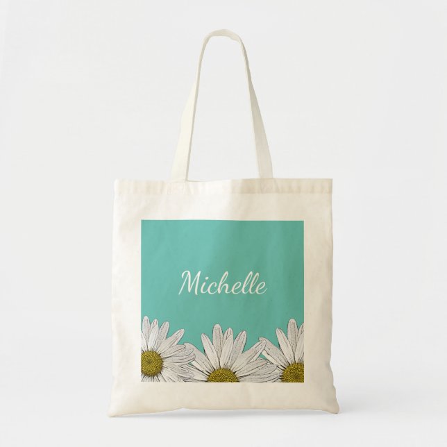 Modern Daisies Trendy Teal Green Floral  Tote Bag (Front)