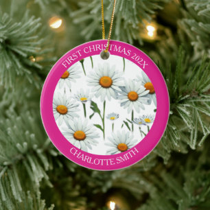 Modern Daisy Pink First Christmas Ceramic Ornament