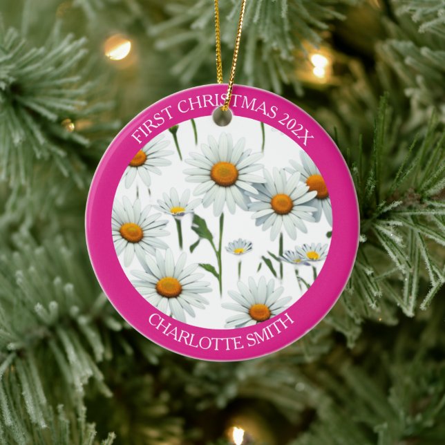 Modern Daisy Pink First Christmas Ceramic Ornament (Tree)