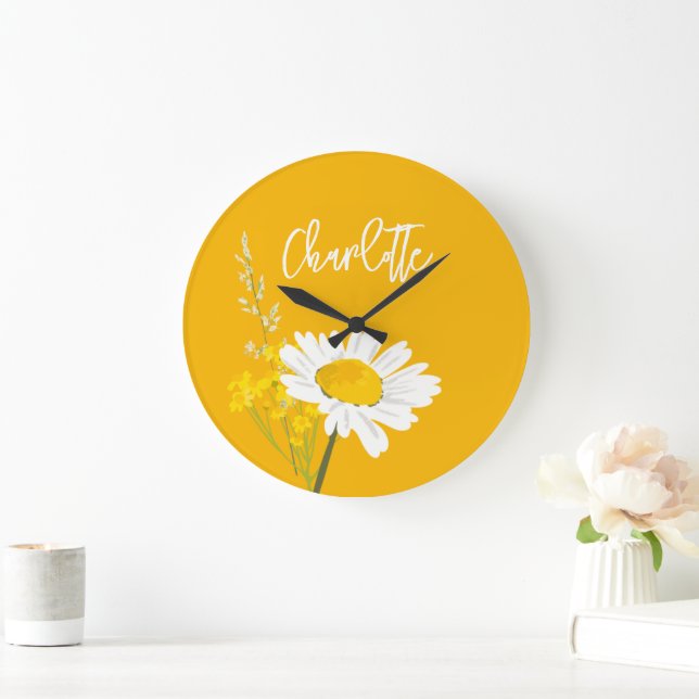 Modern Daisy Wildflowers Custom Monogram Large Clock (Home)