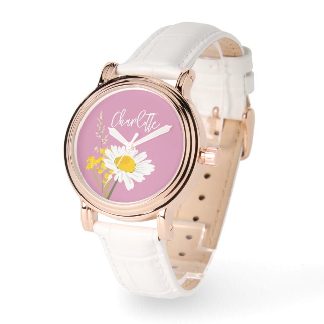 Modern Daisy Wildflowers Custom Monogram Watch (Angle)
