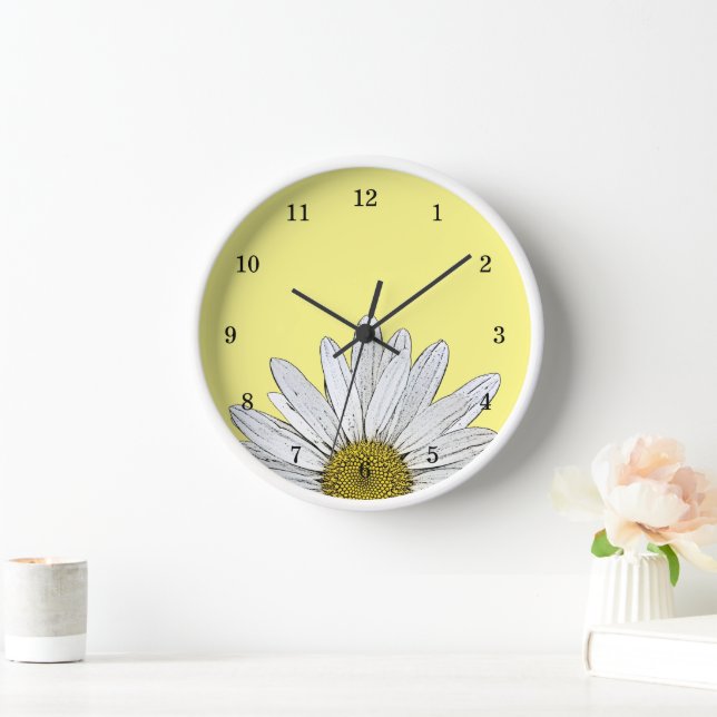 Modern Daisy Yellow Rustic Country Floral Clock (Home)